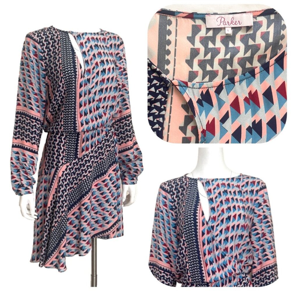 Parker keyhole asymmetric 100% silk long sleeves dress $398